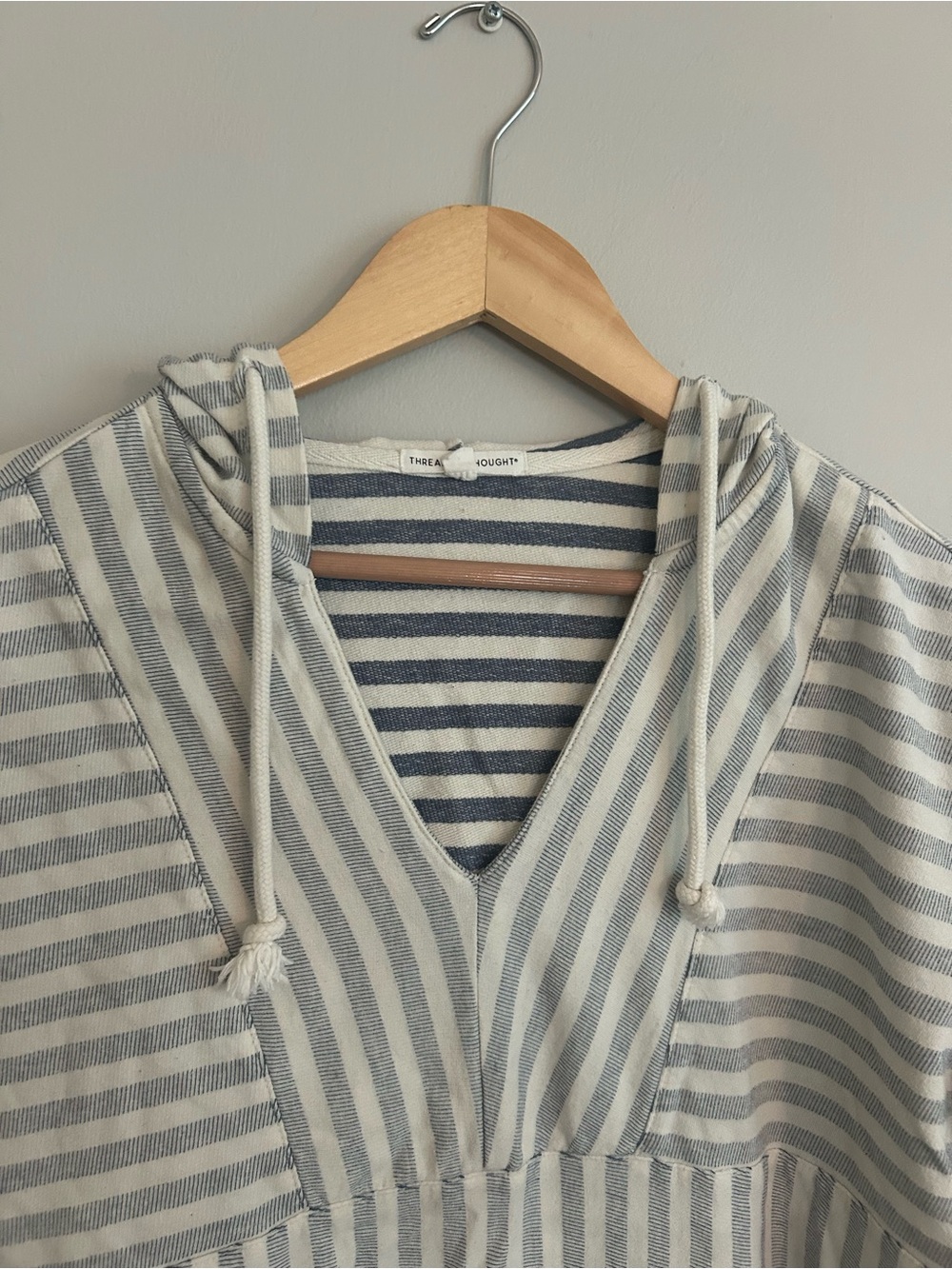 Threads 4 Thought Navy and White Striped V-Neck Hooded Sweater